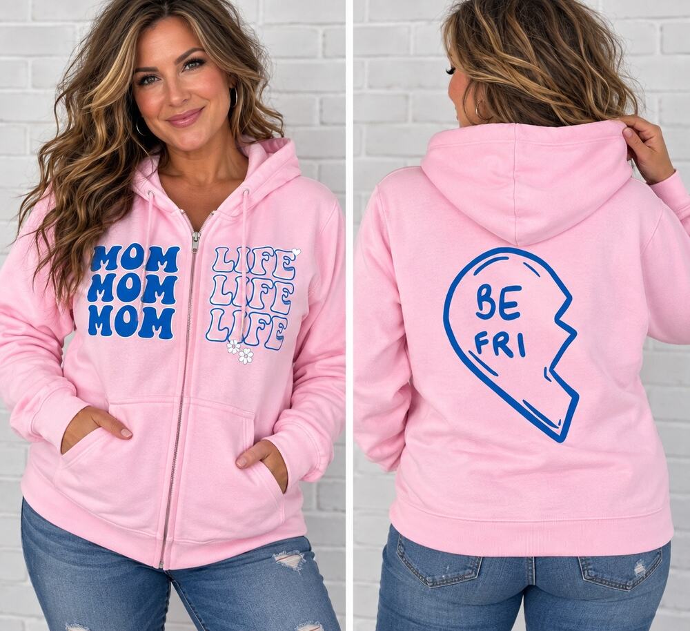Slyfox Threads Mom Life Women’s Large Pink Full Zip Hoodie Graphic Sweatshirt